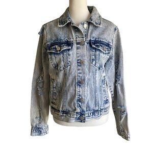 Forever 21 90s Acid Wash Distressed Ligh Blue Jean Jacket Button Fly Sz S
